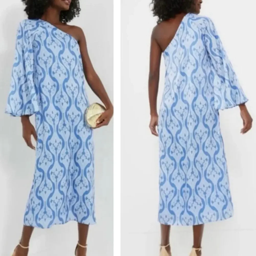 Tuckernuck Hyacinth House Luna Blue One Shoulder Satin Midi Dress - size Large